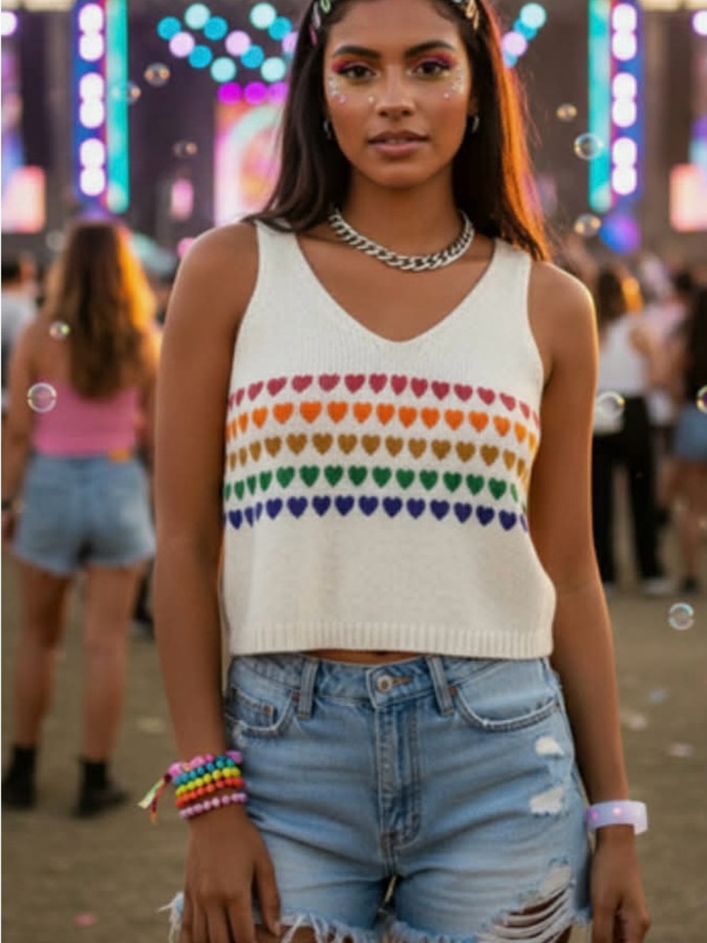 Moon & Madison Rainbow Heart Knit V-Neck Tank Top🌈🌈🌈🌈🌈